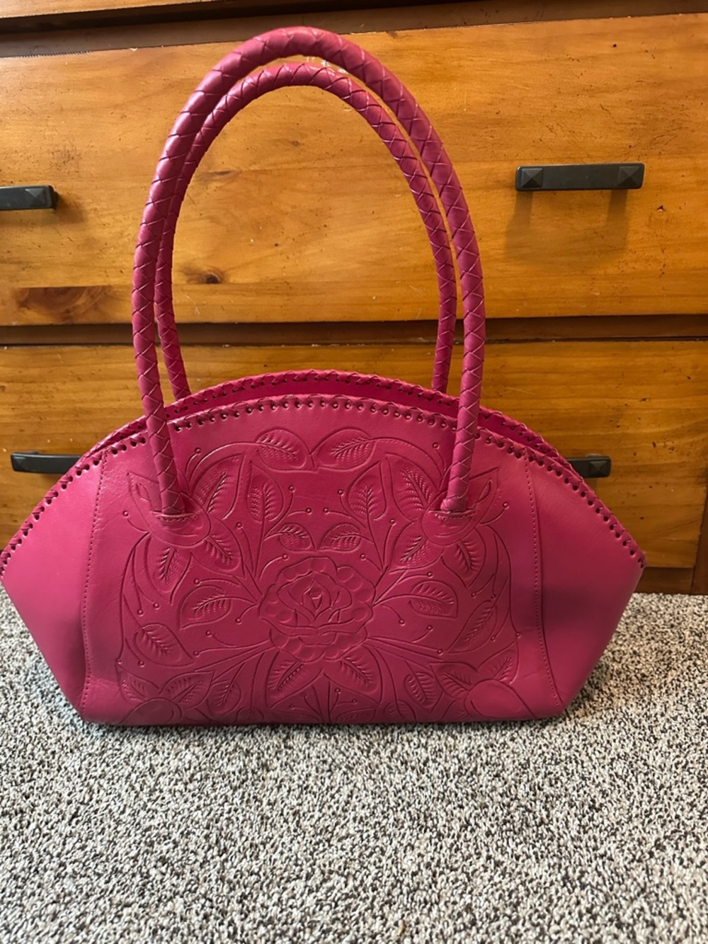 Women's Braided-Handle Floral Embossed Tote - Pink